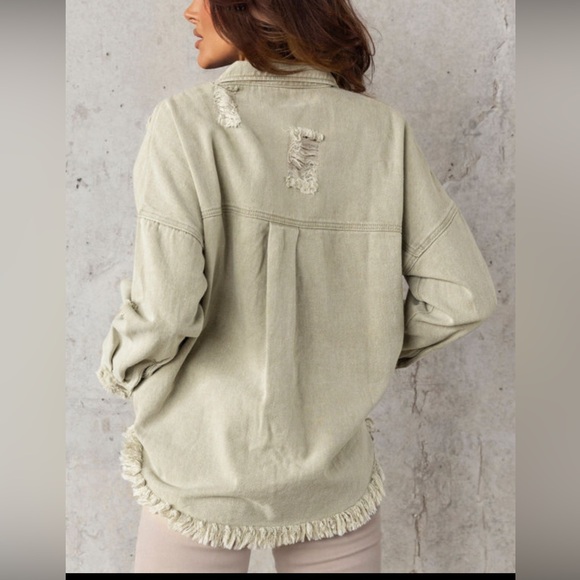 Olive Green Distressed with Frayed Hem Button Down Denim Jacket, Relaxed Fit, M - Picture 7 of 14